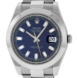 Rolex Mens SS 41MM Blue Baguette Diamond Datejust 2 Oyster Band Wristwatch With