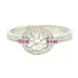 14k Solid White Gold 0.85 ctw Round Pave Set Diamond & Pink Sapphire Halo Ring