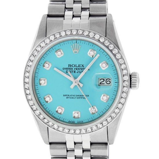 Rolex Mens Stainless Steel Blue Diamond 36MM Datejust Wristwatch