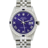 Rolex Mens Stainless Steel Purple Roman Diamond & Sapphire Datejust Wristwatch