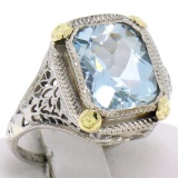 Art Deco 14k Two Tone Gold 2.50 ctw Cushion Blue Aquamarine Filigree Ring