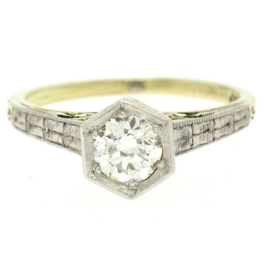 14k Gold & Platinum Old European Diamond Etched Solitaire Ring