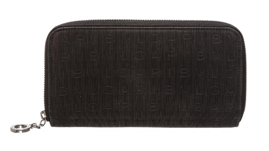 Bvlgari Black Fabric Leather Logo Zipper Wallet