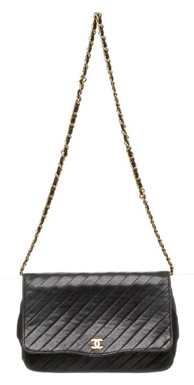 Chanel Black Calfskin Leather Vintage Diagonal Quilted Flap Shoulder Bag