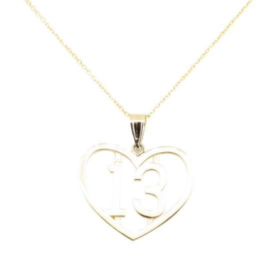 Heart Shaped Number "13" Pendant with Chain - 14KT Yellow Gold