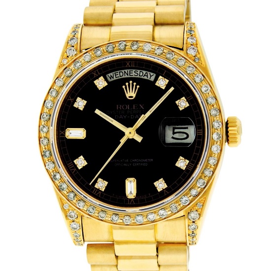 Rolex Mens 18K Yellow Black Diamond Lugs Quickset President Wristwatch With Box