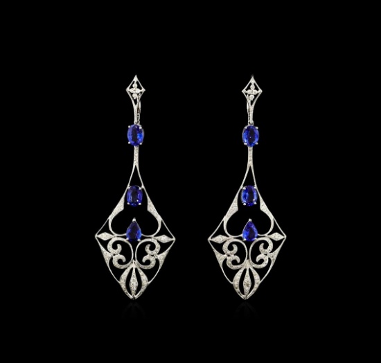 4.85 ctw Blue Sapphire and Diamond Dangle Earrings  - 18KT White Gold