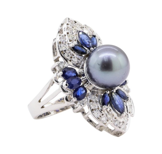 Pearl, Sapphire and Diamond Ring - 14KT White Gold