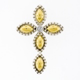 18K Gold Silver Bead Work Marquise Cross Pendant & Bezel Diamond