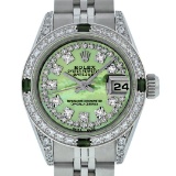Rolex Ladies Stainless Steel Quickset Green MOP Diamond Lugs Datejust Wristwatch