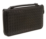 Bottega Veneta Black Woven Leather Large Zippy Wallet.