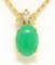 18k Yellow Gold Oval Green Jade & Marquise Diamond Pendant w/ 14k Wheat Chain