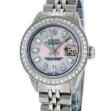 Rolex Ladies Stainless Steel Pink MOP Baguette Diamond Datejust Wristwatch