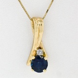 15k Yellow Gold Twisted Wire Sapphire & Rose Diamond Brooch Pendant