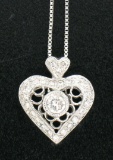 14K White Gold .40 CTW Diamond MilGrain Open Work Heart on White Gold Box Chain