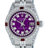 Rolex Ladies Stainless Steel 26MM Purple String Diamond Lugs Datejust Wristwatch