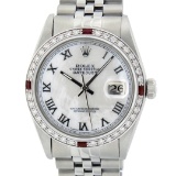 Rolex Mens Stainless Steel Silver MOP Roman 36MM Diamond & Ruby Datejust Wristwa