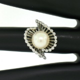 Vintage 14K White Gold 8.5mm Pearl Bezel Diamond 2 Wave Bypass Cocktail Ring