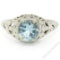 Antique Art Deco 18kt White Gold Round Aquamarine Solitaire Floral Filigree Ring