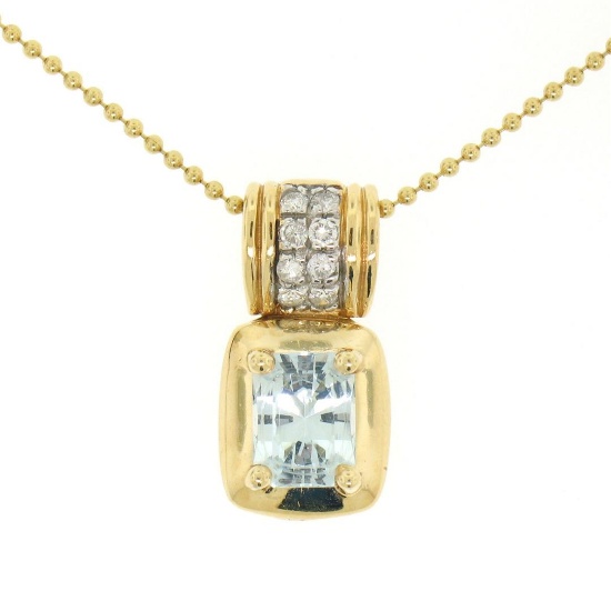 14K Yellow Gold 2.25 ctw Emerald Cut RICH Aquamarine and Diamond Pendant w/ 16"