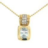 14K Yellow Gold 2.25 ctw Emerald Cut RICH Aquamarine and Diamond Pendant w/ 16