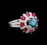 14KT White Gold 1.89 ctw Fancy Blue Diamond and Ruby Ring