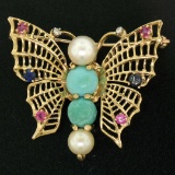 14k Yellow Gold Open Turquoise Pearl Sapphire Ruby Diamond Butterfly Brooch Pin