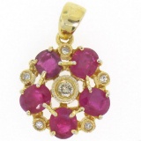 14k Yellow Gold Flower Pendant 2.10 ctw Oval Blood Red Rubies Bezel Set Diamonds