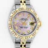 Rolex Ladies 2 Tone 14K Pink MOP Diamond Lugs & Pyramid Datejust Wriswatch