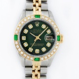 Rolex Ladies 2 Tone Green Diamond & Emerald Datejust Wristwatch