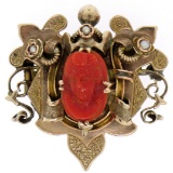 10k Gold Carved OX BLOOD Coral Cameo Seed Pearl Brooch Pendant