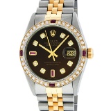 Rolex Mens 2 Tone 14K Brown Diamond & Ruby 36MM Datejust Wristwatch