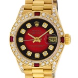 Rolex Ladies 18K Yellow Gold Diamond Lugs Red Vignette And Ruby President Wristw