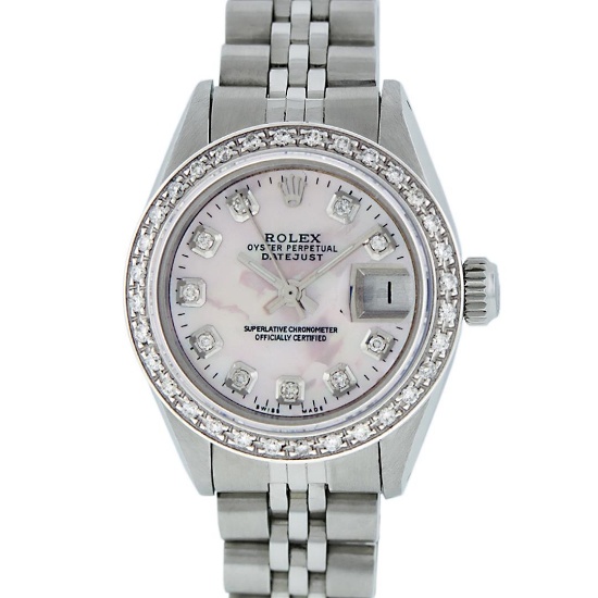 Rolex Ladies Stainless Steel Pink MOP Diamond 26MM Datejust Wristwatch