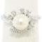 14K White Gold 7.5mm Cultured Pearl & 8 Single Cut Diamond Petite Cluster Ring