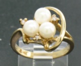 14k Yellow Gold 5mm Round Pearl Cluster Ring w/ 3 Round Diamond Accents