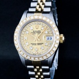 Rolex Ladies 2 Tone 18K Gold Bezel Champagne String Diamond Datejust Wriswatch