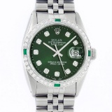 Rolex Mens Stainless Steel Green Diamond & Emerald 36MM Datejust Wristwatch With