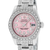 Rolex Ladies Stainless Steel Pink 5 ctw Diamond Datejust Wristwatch With Rolex B