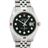 Rolex Mens Stainless Steel Black Diamond & Ruby 36MM Datejust Wristwatch