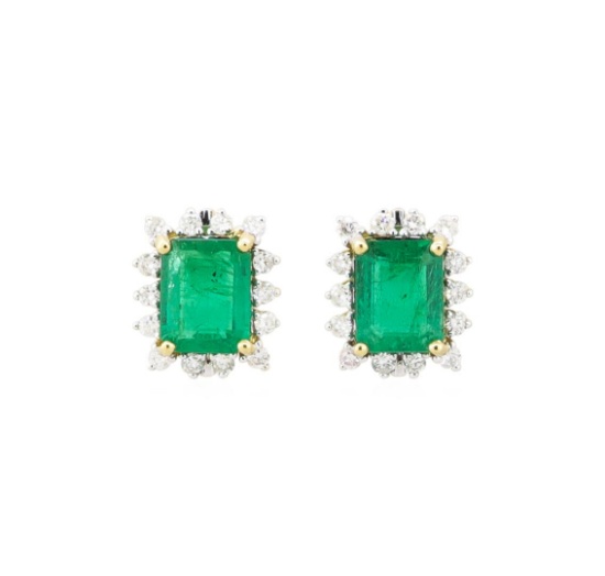 4.18 ctw Emerald and Diamond Earrings - 18KT Yellow Gold