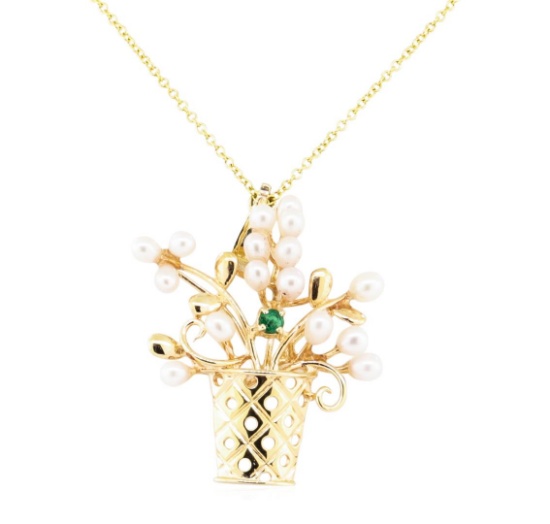 0.10 ctw Emerald and Freshwater Pearl Floral Pendant with Chain - 14KT Yellow Go