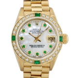 Rolex Ladies 18K Yellow Gold MOP Emerald President Wristwatch With Watch Winder