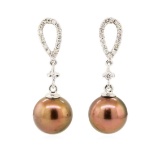 0.30 ctw Diamond and Chocolate Pearl Dangle Earrings - 14KT White Gold