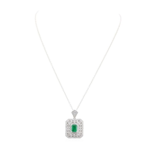 2.85 ctw Emerald and Diamond Pendant With Chain - 18KT White Gold
