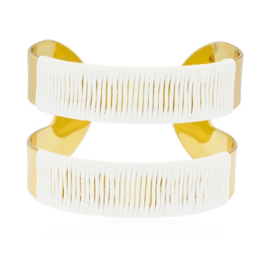 Double Metal Strand Leather Cuff Bracelet - Gold Plated