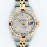 Rolex Ladies 2 Tone 14K Silver Diamond & Ruby Datejust Wristwatch