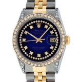 Rolex Mens 2 Tone 14K Blue Vignette String Diamond Lugs Datejust Wristwatch