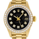 Rolex Ladies 18K Yellow Black 1 ctw Diamond President Wristwatch With Rolex Box