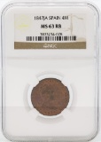 1847JA Spain 4 Maravedia Coin NGC MS63 RB